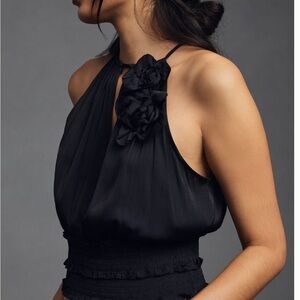 Anthropologie Black Halter Camisole with floral detailing